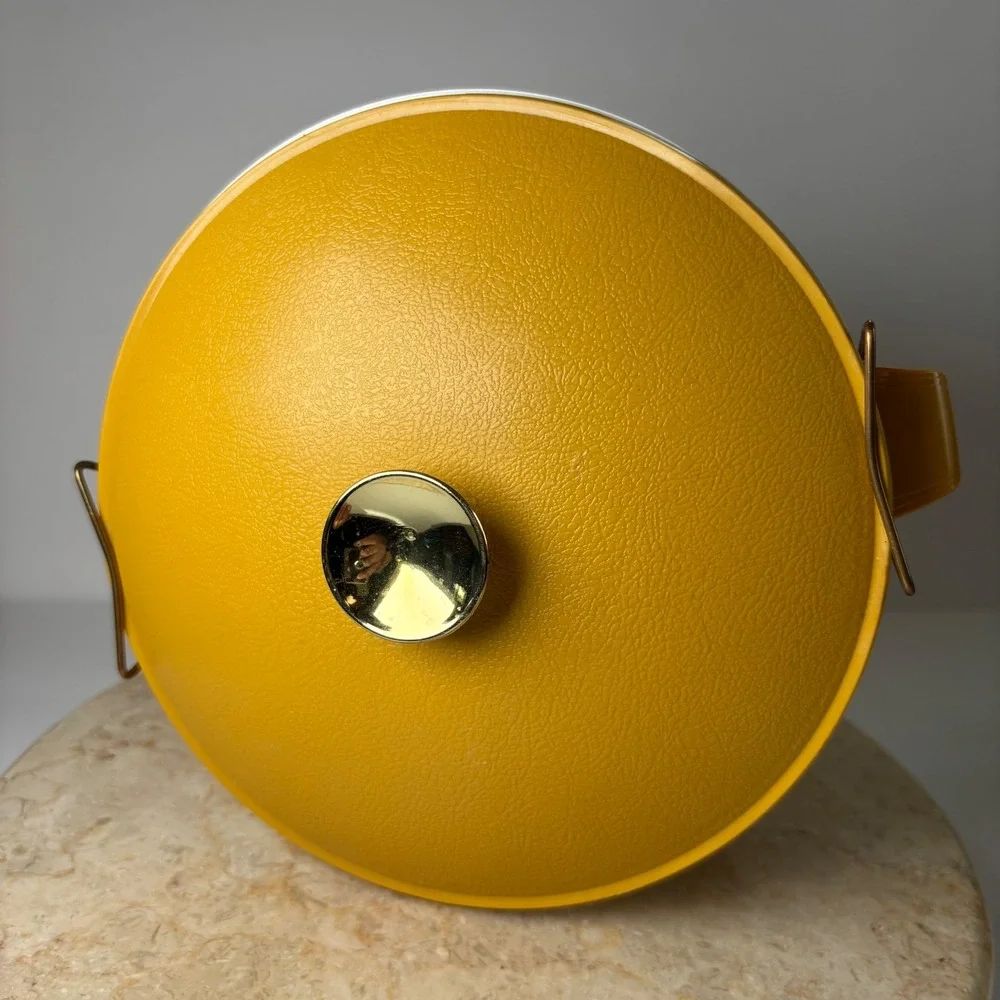 Vintage Ice Bucket Mustard Yellow Faux Leather Vinyl Insulated Mid Century Retro